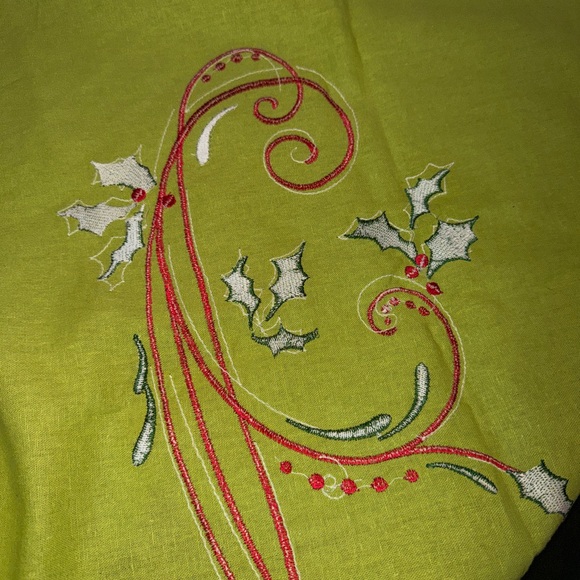 Festive Green and Red Linen Embroidered Tablecloth